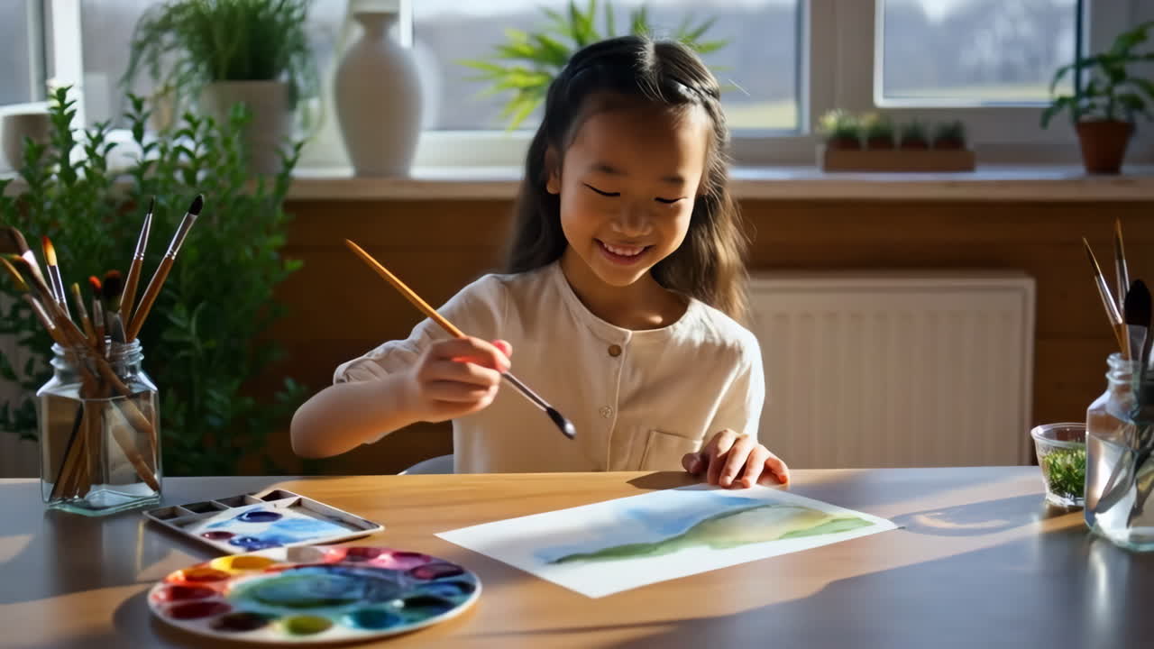 Young girl happily painting with watercolors
