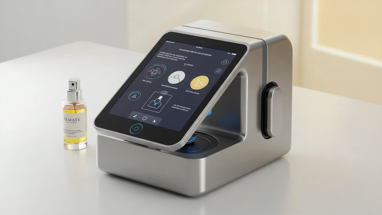 Innovative Skincare Device Showcasing High-Tech Touchscreen with User Interface Enhancements and Cosmetic Product for Optimal Results