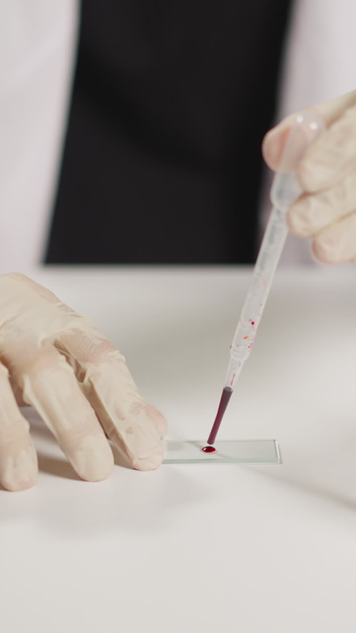 Professional employee in latex gloves drips blood sample onto microscope glass with plastic pipette doing tests in hospital laboratory closeup
