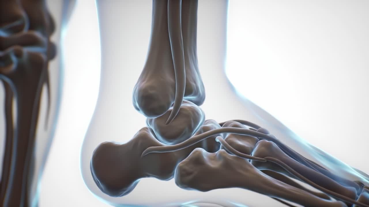 Detailed Anatomical Visualization of the Human Ankle Joint, Illustrating the Complex Structure of Bones, Ligaments, and Tendons in the Lower Limb