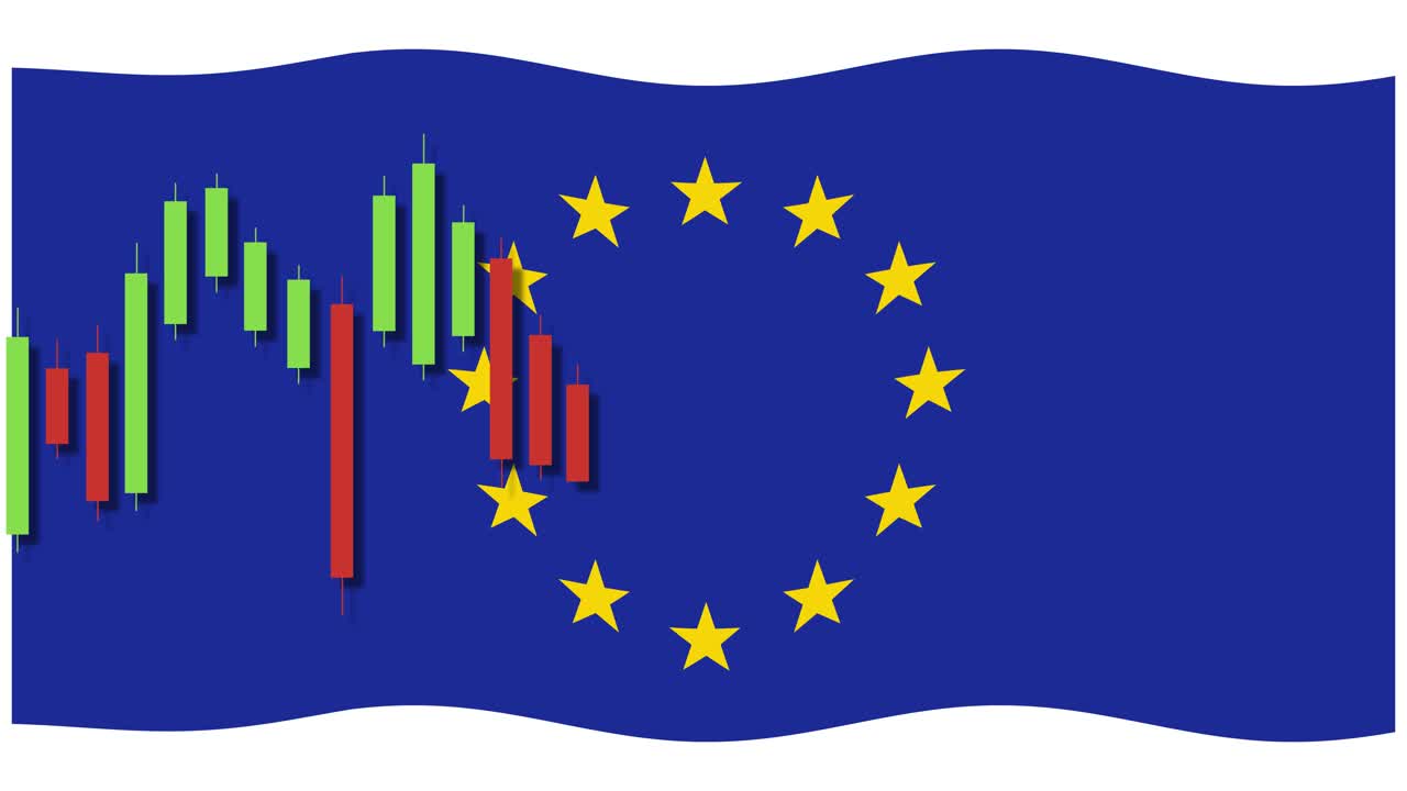 Animation of a candlestick chart overlay on the European Union flag, illustrating market trends with vibrant colors and fluid motion