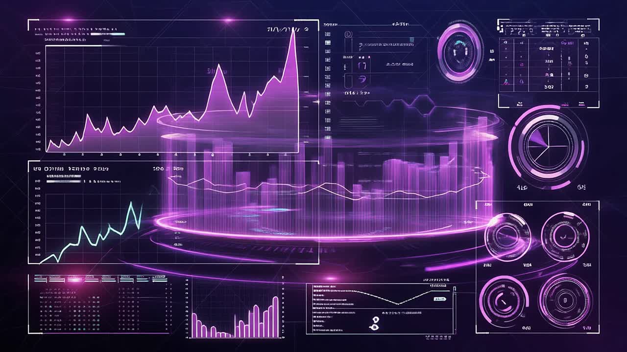 Futuristic Digital Data Interface with Glowing Purple Graphs and Charts