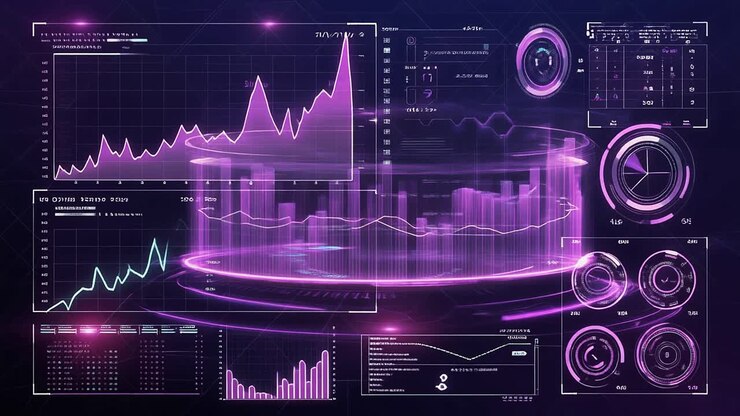Futuristic Digital Data Interface with Glowing Purple Graphs and Charts