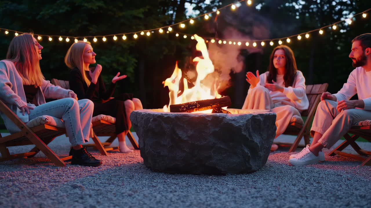 Friends enjoying a campfire in the evening