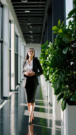 elegant businesswoman in a modern office hallway with plants