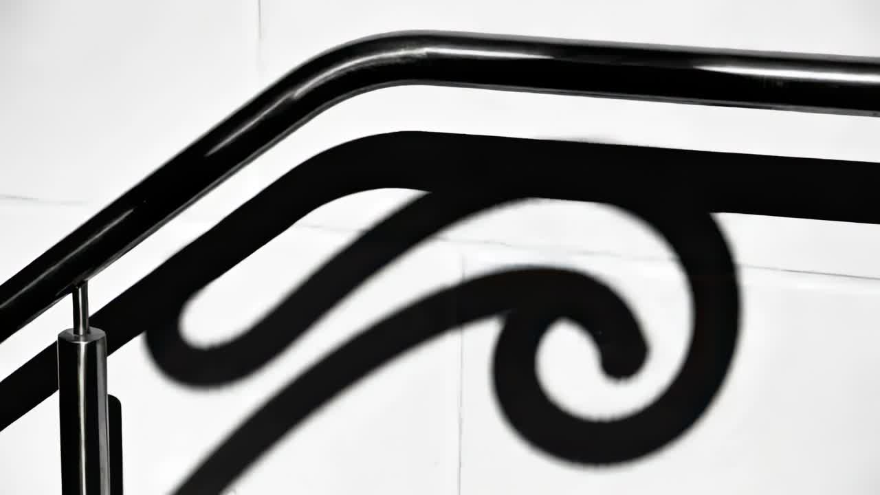A sombra do corrimão de metal da escada se deslocando lentamente pela parede de azulejos, causada por uma luz em movimento.