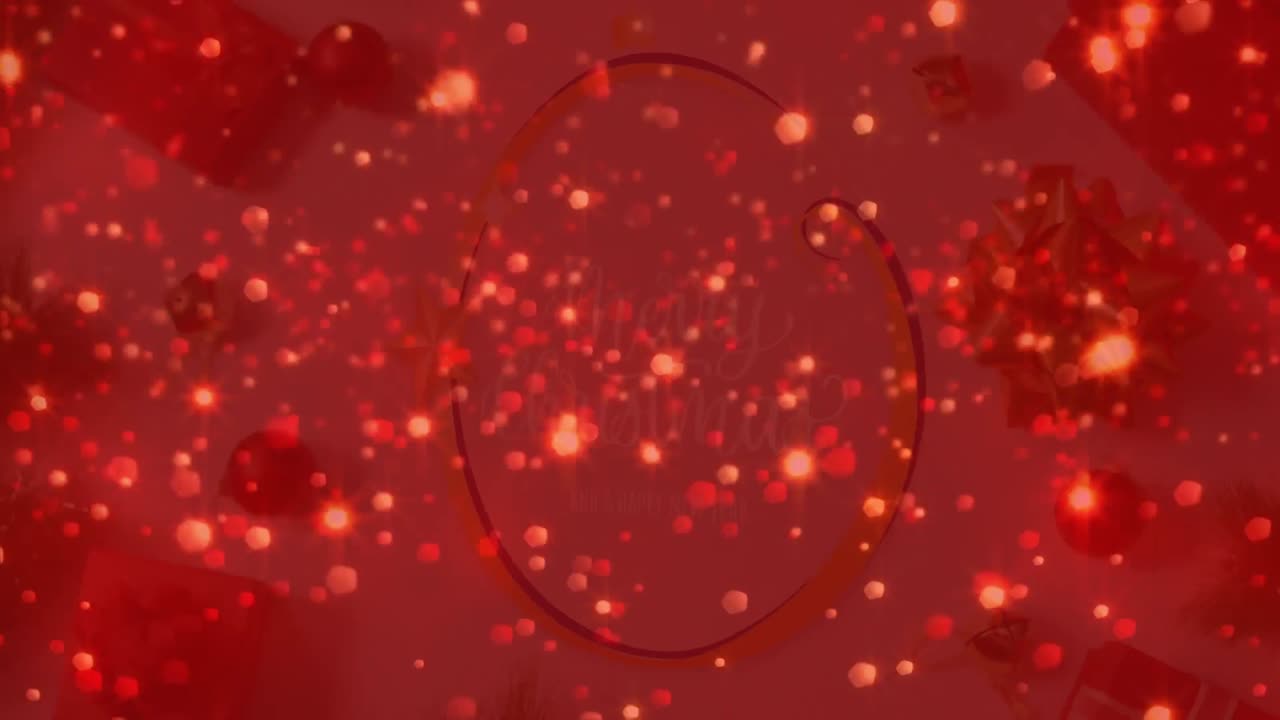 크리스마스 축하 문자 배너와 크리스마스 장식물 위에 반이는 빛의 반점 애니메이션