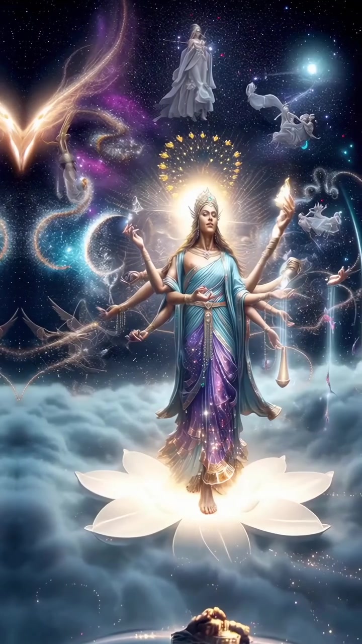 Figura de Deusa Divina Flutuando Acima das Nuvens no Espaço Celestial