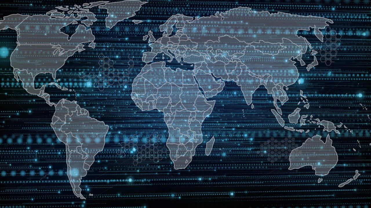 World map with digital data processing animation over blue binary code background