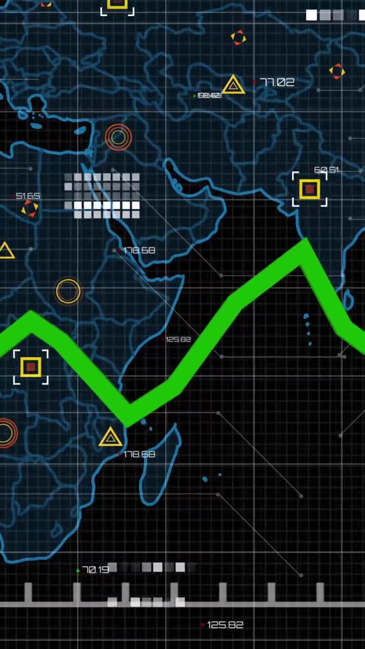 Animazione di elaborazione dati statistici su rete a griglia su sfondo di una mappa del mondo.