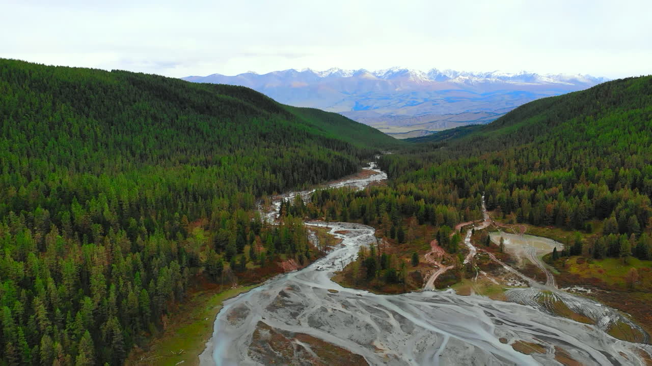 valle de montaña con río y bosque