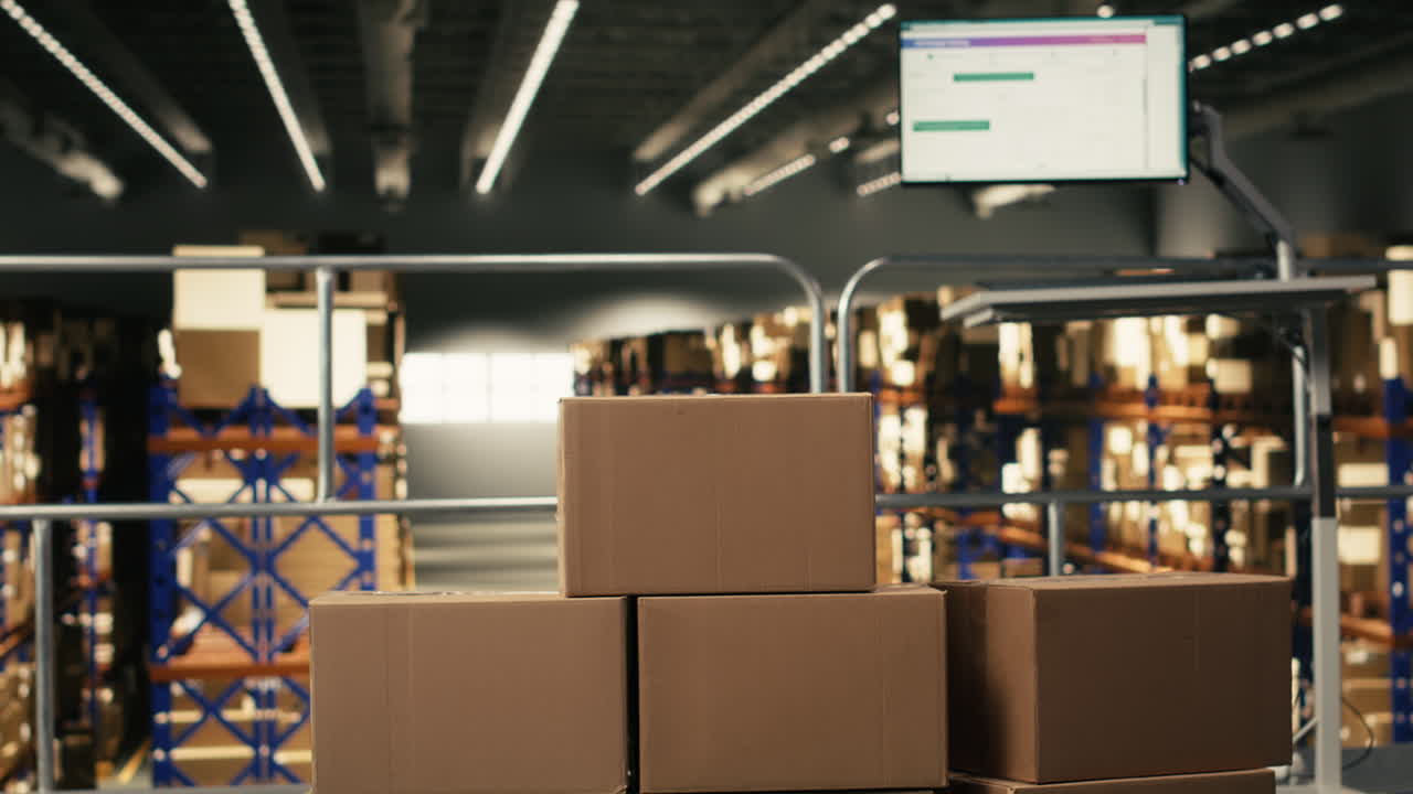 Magazzino moderno vuoto con scatole di cartone e monitor dell'inventario.