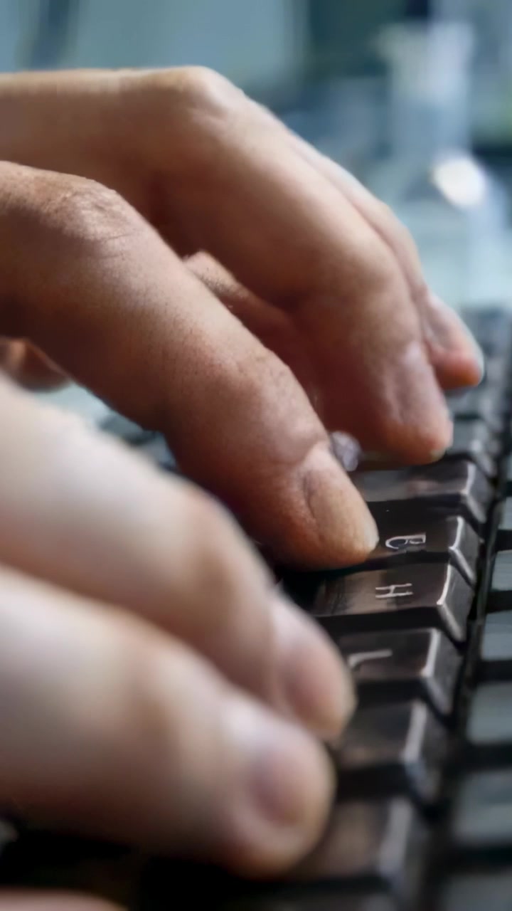 Video vertikal: Tangan mengetik menekan keyboard di meja, jari telunjuk kanan memulai penekanan tombol cepat