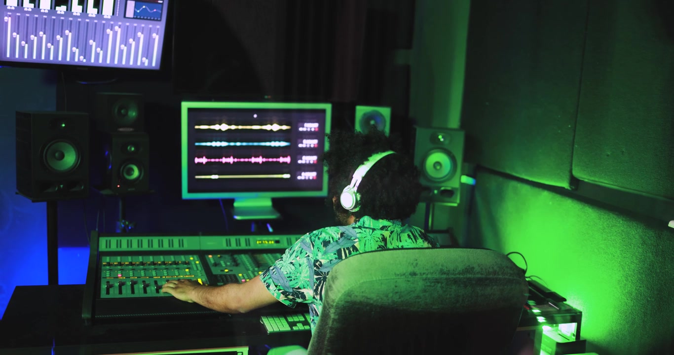 Audio Engineer Producing Music in a Dark Recording Studio