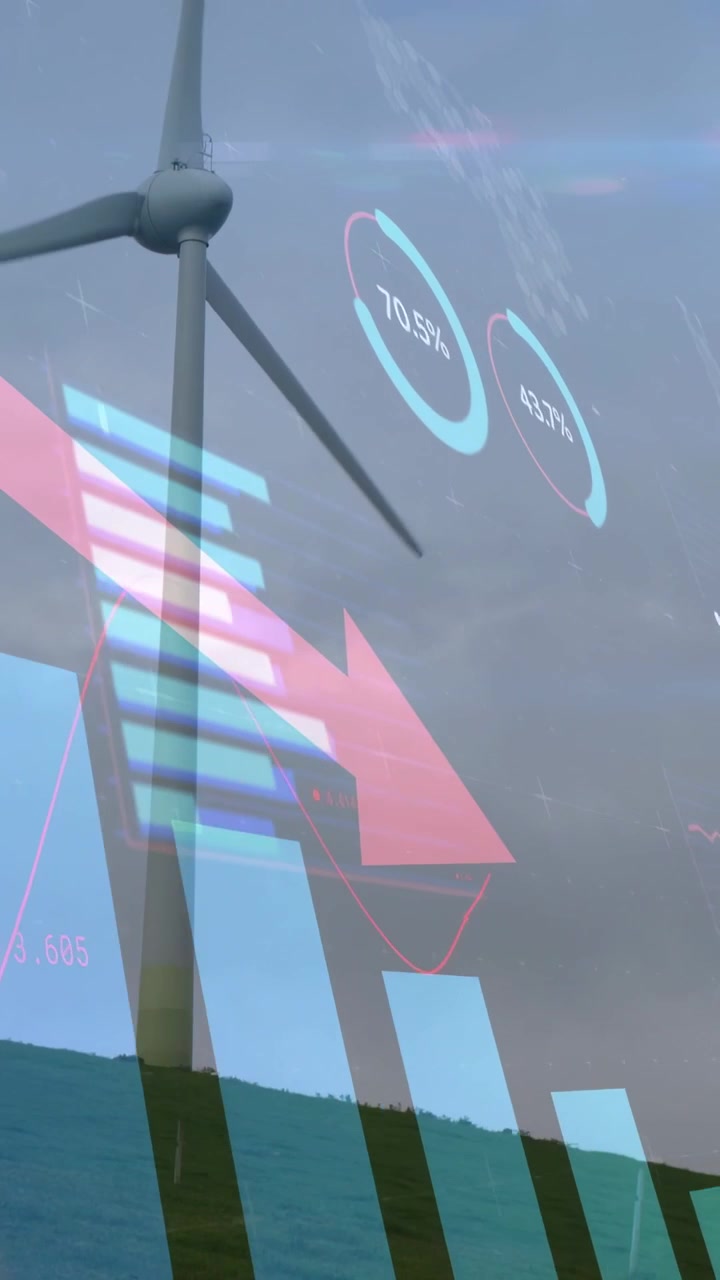 Vertical video: Overlay appearing turbine turning bars falling down arrow during pan showing drop