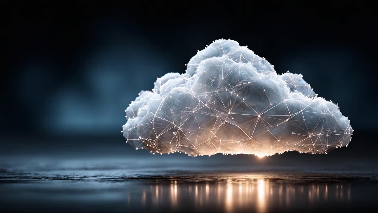 A Stunning Digital Cloud Displaying Intricate Network Connections Illuminated from Below, Reflecting a Blend of Technology and Nature in a Dark, Atmospheric Environment
