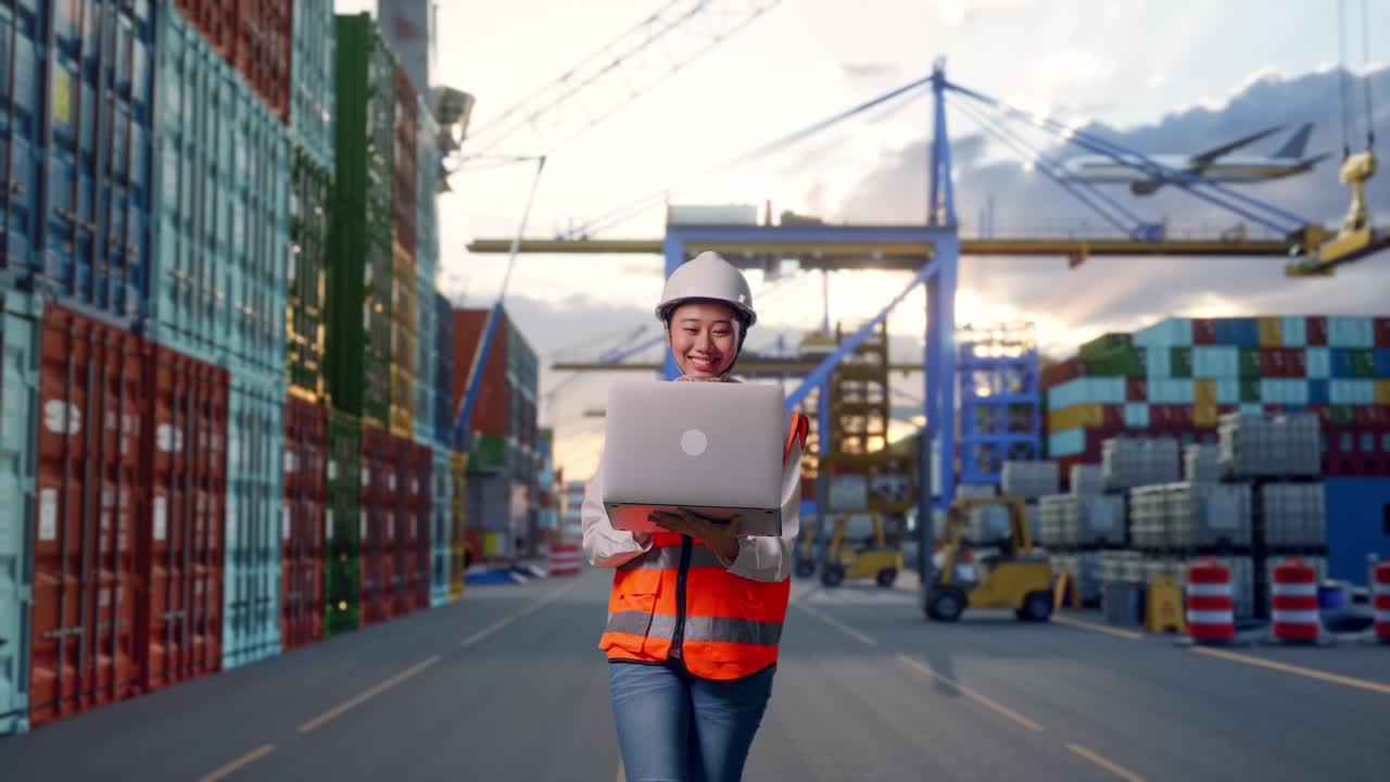 Front View of Asian Female Engineer Use Computer While Walking at Port with Container Ship and Cranes at Sunset