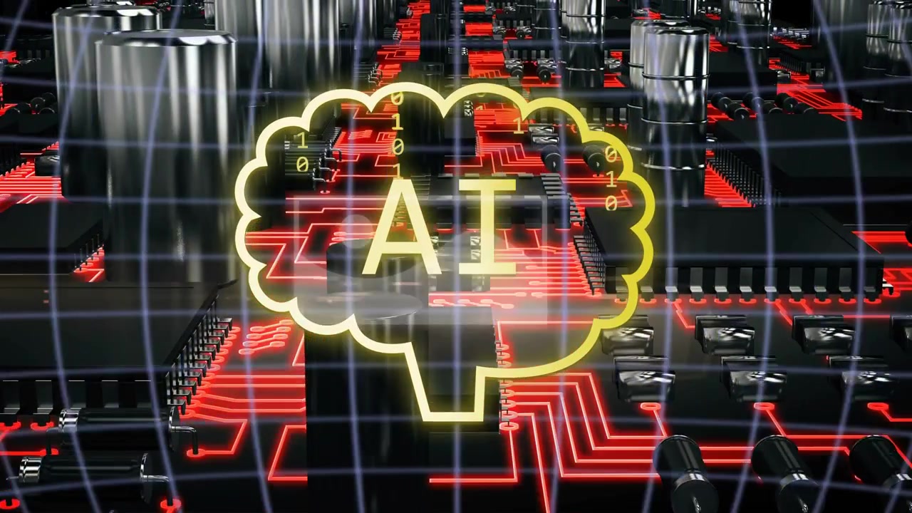 Chat bubbles sliding in, neon AI brain filling with binary digits, showing active data processing