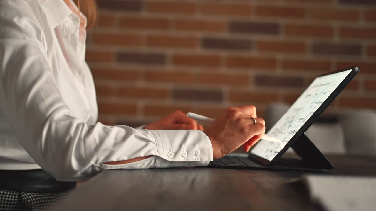 Woman working on a tablet with a stylus pen at an office