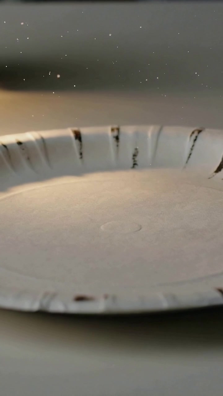 Vertical video: Drifting dust motes above paper plate on counter, slight breeze moving particles