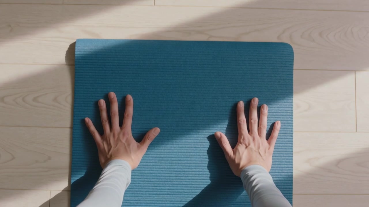 Approaching blue mat at home, person in light long-sleeve top placing palms, preparing workout