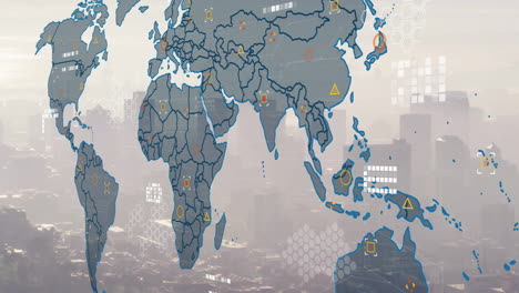 Animation-of-financial-data-processing-over-world-map-and-cityscape