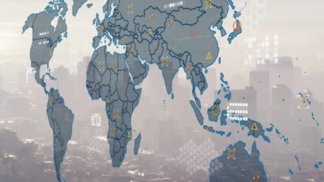 animation of financial data processing over world map and cityscape