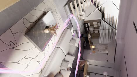 loft vertical apartamento de sala de estar moderno con flujo de energía animación de renderización 3d concepto de diseño de interiores