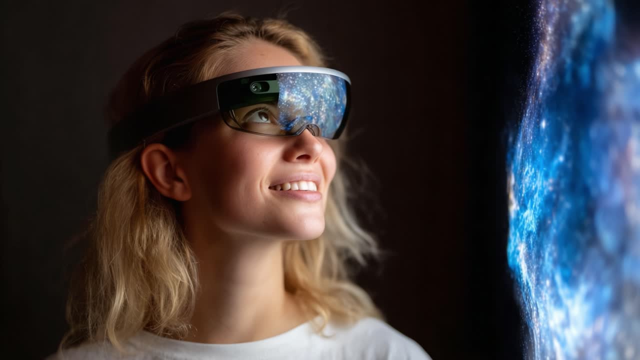 A Young Woman Experiencing Virtual Reality with Advanced Smart Glasses, Engaged in Stunning Cosmic Imagery and Immersive Digital Content in a Darkened Room