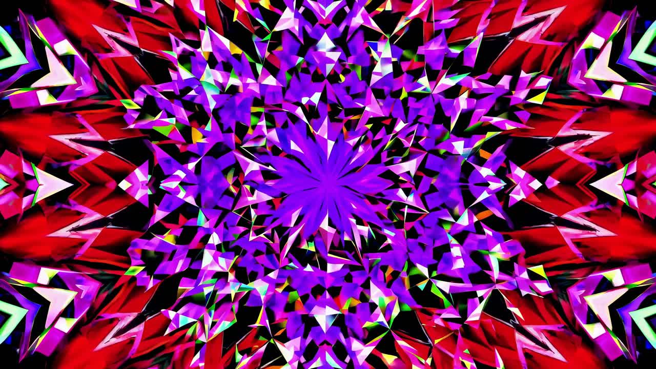 Vibrant kaleidoscopic patterns transition through vivid colors and shapes, creating a mesmerizing visual flow in a dynamic motion sequence