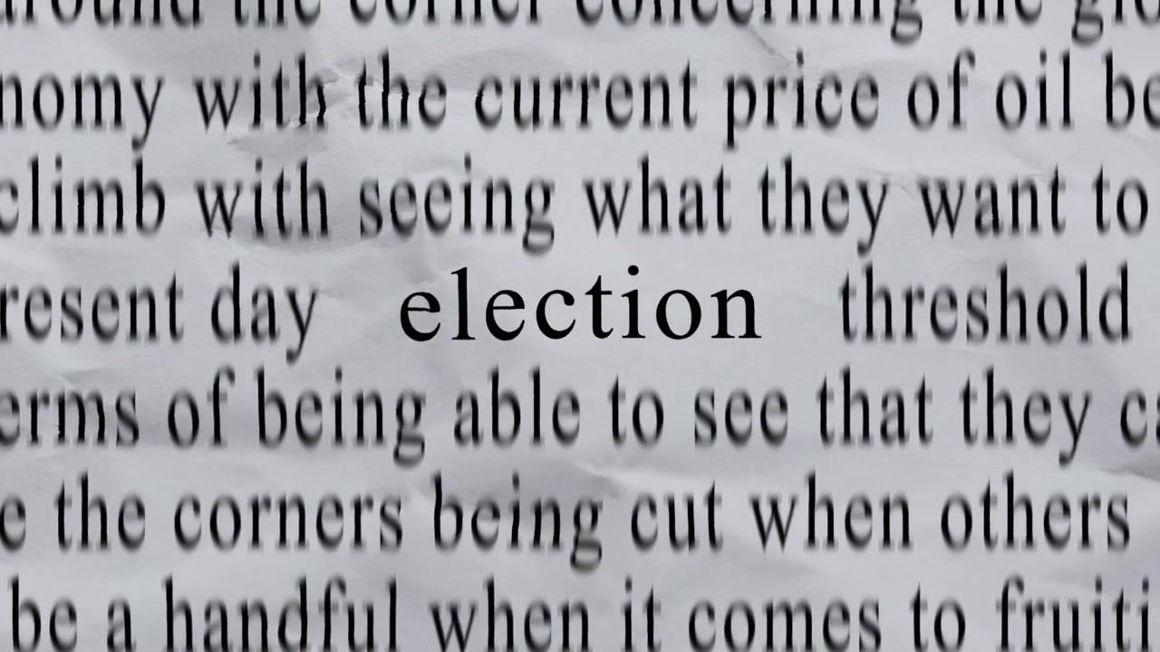 ELECTION Text in Centre with High-energy Fast Text Stop-Motion Writing Cycling Rapidly on Crinkled Texture Paper. Newspaper Cuttings Style animation.