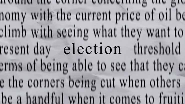 ELECTION Text in Centre with High-energy Fast Text Stop-Motion Writing Cycling Rapidly on Crinkled Texture Paper. Newspaper Cuttings Style animation.