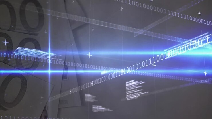 Animation of data processing over euro banknotes