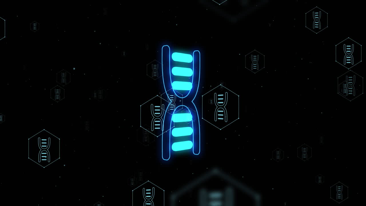 animazione di icone, filo di dna sull'elaborazione dei dati