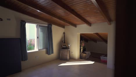 rustic interior design with wooden beams natural light and open space a captivating blend of elegance and functionality in a cozy environment enhanced by musical touches slow motion reveal