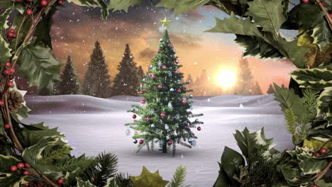 árbol de navidad y frontera de acebo en el país de las maravillas de invierno