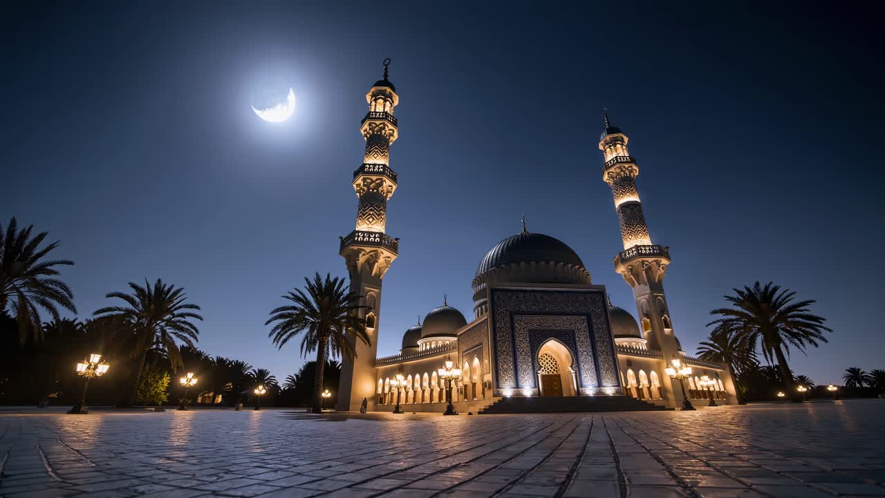Low-angle video shot of a beautifully lit mosque at night, showcasing ...