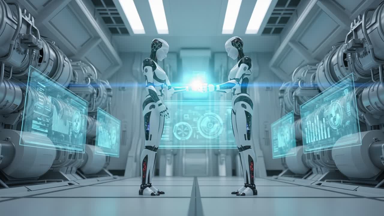 A Future Encounter: Two Robotic Entities Engaged in Interaction Within a High-Tech Laboratory Environment, Surrounded by Futuristic Interfaces and Displays