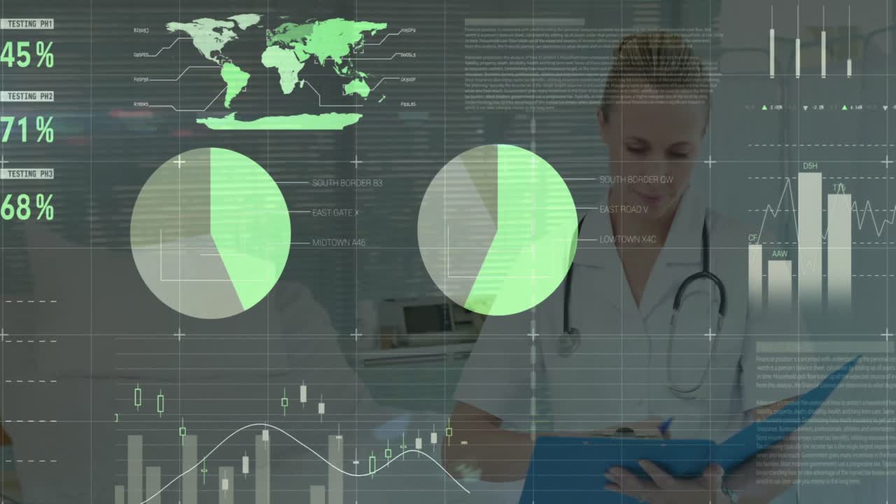 animación del procesamiento de datos sobre una doctora caucásica con un archivo