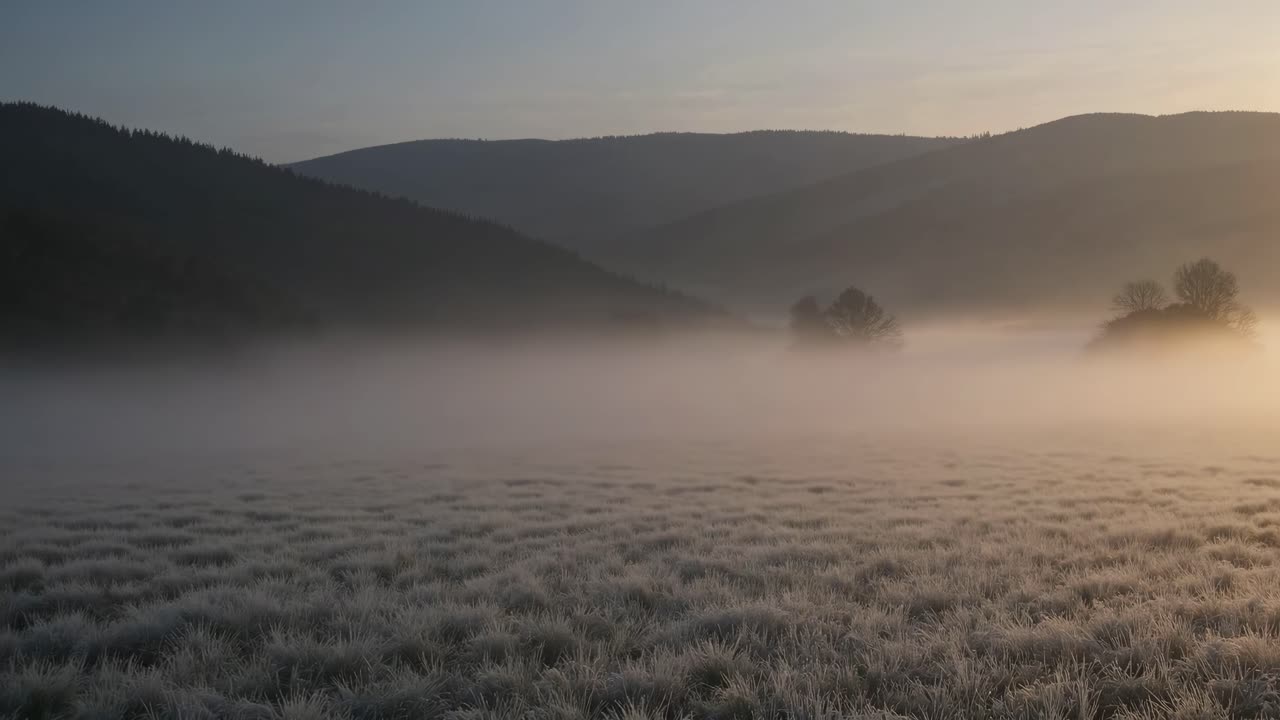 A serene landscape video captures a misty valley at dawn