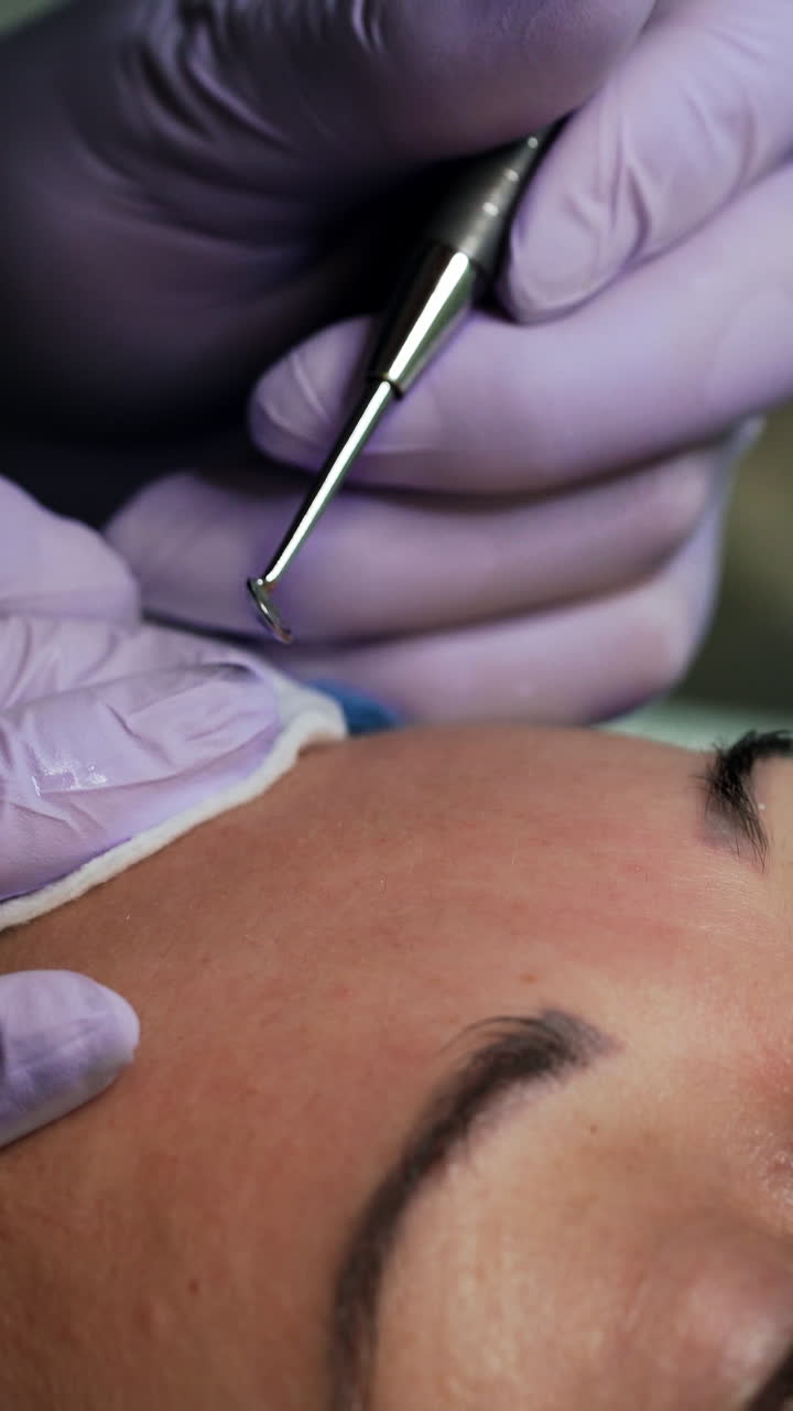 Cosmetology professional uses blackhead removing tool in the procedure of skin cleaning. Beauty salon skincare. Extreme close up. Vertical video