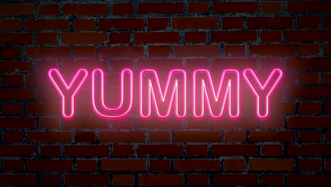 Neon-pink-flickering-yummy-word-text-letters-on-brick-wall,potrait-computer-design