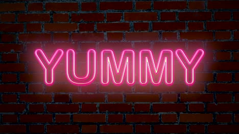 letras de texto de palabras deliciosas parpadeantes de color rosa neón en la pared de ladrillo, diseño de computadora de retrato