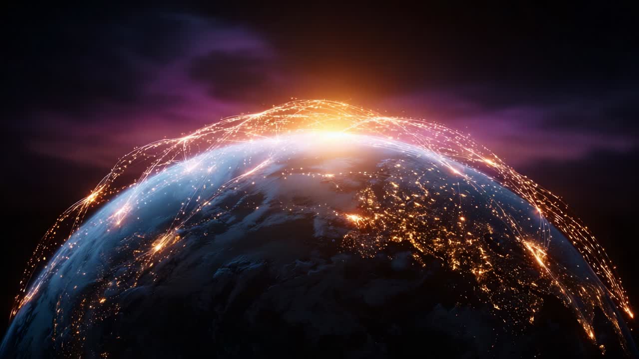An Artistic Representation of Earth at Night, Showcasing Illuminated Cities and a Network of Light Connections, Highlighting Global Connectivity with a Vibrant Auroral Glow Above the Planet's Horizon