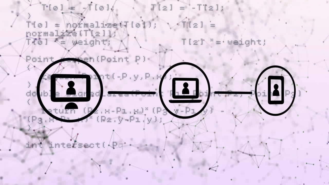Processing data, animation of network connections over programming code background