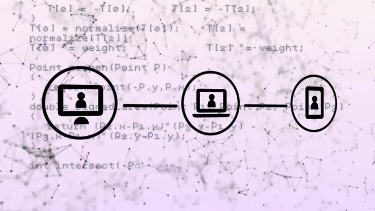 Processing data, animation of network connections over programming code background