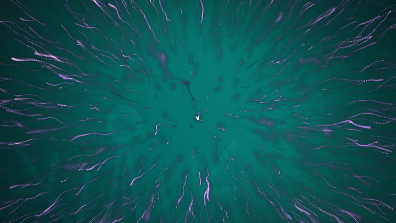 animación digital de un rastro de luz púrpura estallando contra un fondo verde