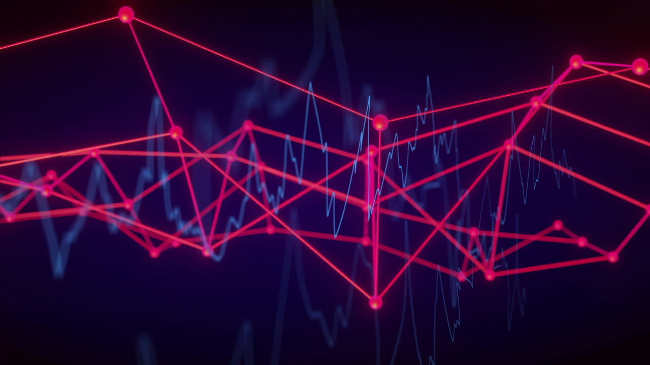 Animation of red network connections over fluctuating blue graph lines