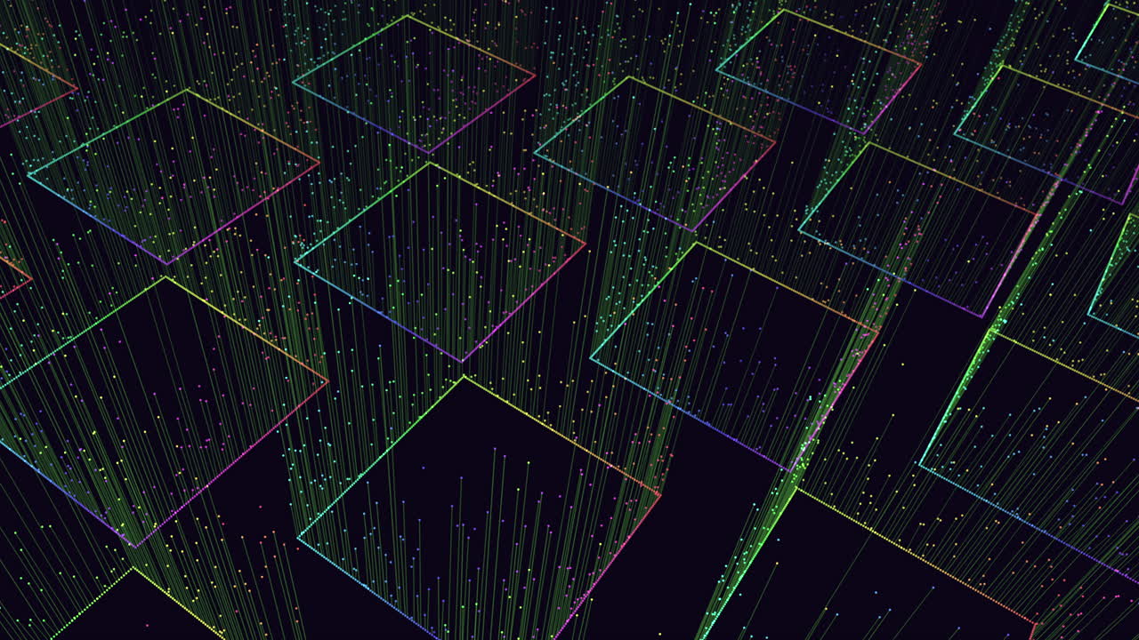 작은 동작 점과 선이 있는 미래형 무지개 사각형 패턴
