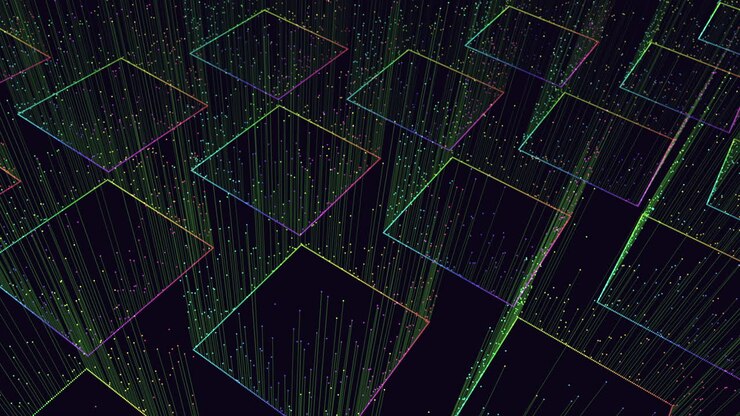 Futuristic rainbow squares pattern with small motion dots and lines